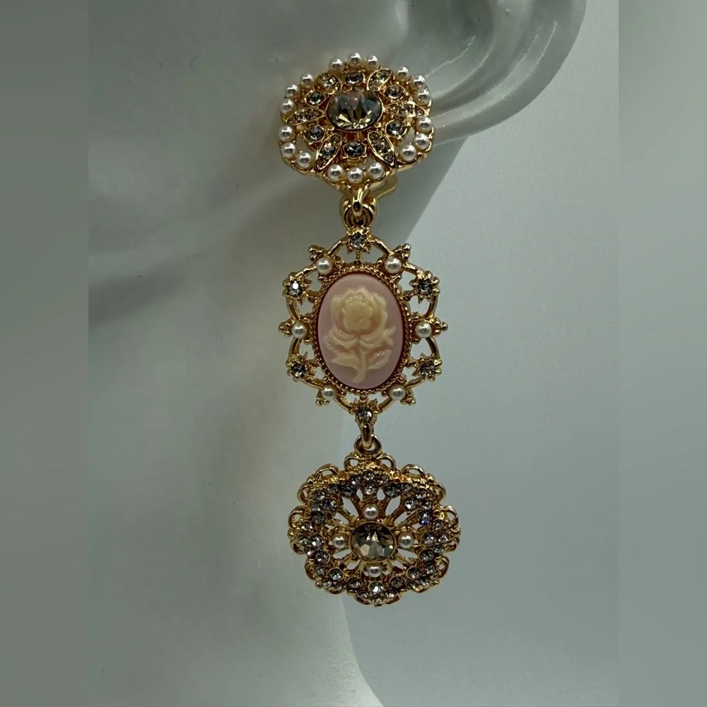 Marchesa Elegant Gold Cameo Rose Drop Earrings w/ Pearls & Crystals - Picture 10 of 16